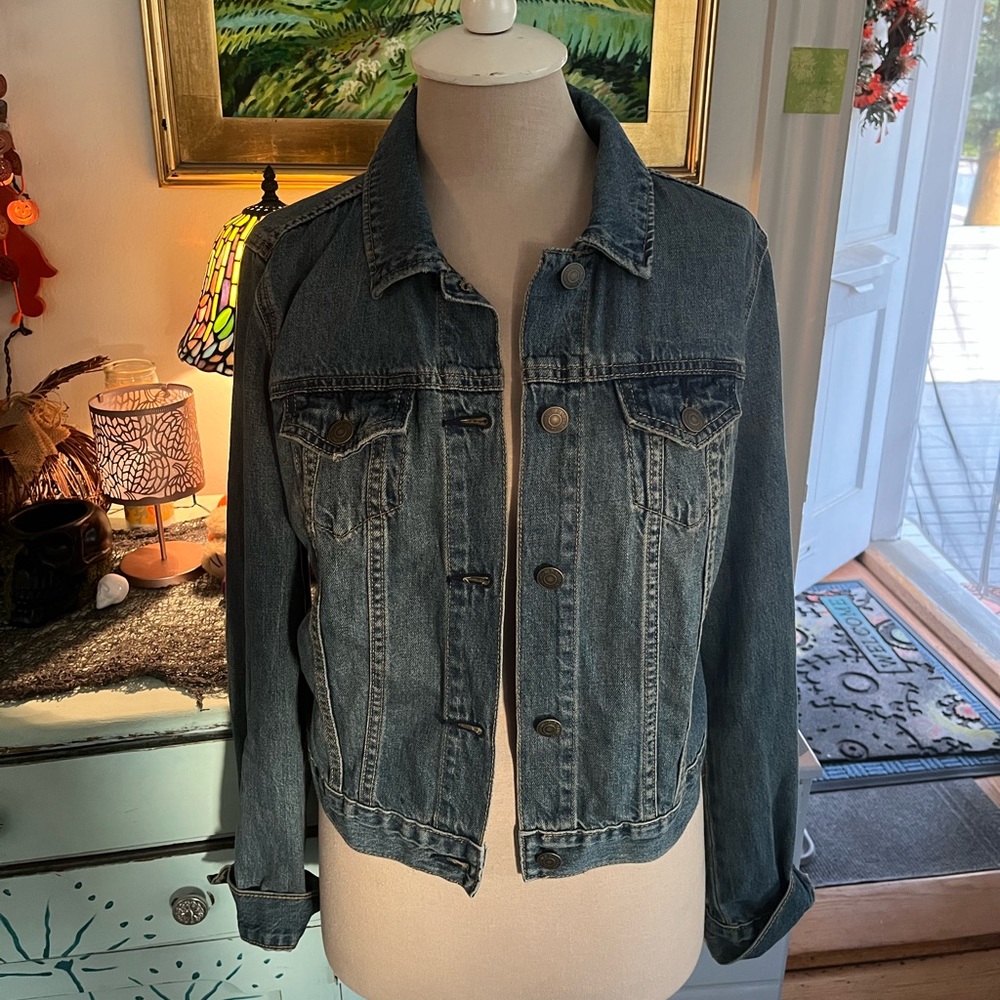 Old Navy Denim Jacket S Dark Blue Distressed Wash Cotton Boho Retro Preppy VGUC